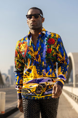 Barabas Wholesale Men's Rhinestone Floral Lion Long Sleeve Shirts 4SPR05 Royal
