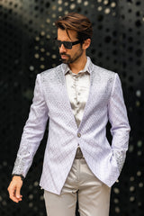 Barabas Wholesale Men's Geometric Pattern Rhinestone Henley Lapel Blazer 4EBL53 white silver