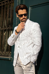 Barabas Wholesale Men's Geometric Studded Henley Lapel Blazer 3BLR14 White Silver