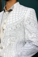 Barabas Wholesale Men's Geometric Studded Henley Lapel Blazer 3BLR14 White Silver
