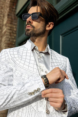 Barabas Wholesale Men's Geometric Studded Henley Lapel Blazer 3BLR14 White Silver