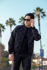 Barabas Men's Zipper Closure Checkered Bomber Jacket 4BPR34 Black