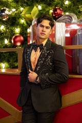 Barabas Wholesale Men's Rhinestone Floral Pattern Peak Lapel Suit 4SU20 Black Gold