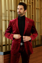Barabas Wholesale Men's Velvet Shiny Finish Peak Lapel Blazer 3BL04 Burgundy