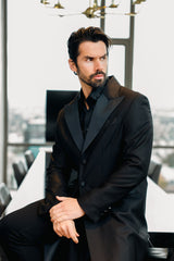 Barabas Wholesale Men's Solid Color Shiny Peak Lapel Long Blazer 4LBL43 Black
