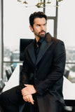 Barabas Wholesale Men's Solid Color Shiny Peak Lapel Long Blazer 4LBL43 Black