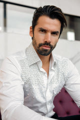 Barabas Wholesale Men's Rhinestones Pearls Button Down Long Sleeve Shirts 4BR413 White 