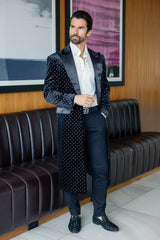 Barabas Wholesale Men's Rhinestone Velvet Peak Lapel Long Coat 4LBL49 Black Silver