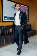 Barabas Wholesale Men's Rhinestone Velvet Peak Lapel Long Coat 4LBL49 Black Silver