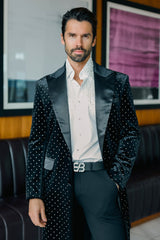 Barabas Wholesale Men's Rhinestone Velvet Peak Lapel Long Coat 4LBL49 Black Silver