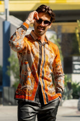 Barabas Wholesale Men's Rhinestone Floral Snake Skin Long Sleeve Shirts 3SPR408 Orange