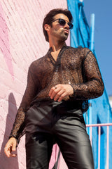 Barabas Wholesale Men's See Through Sequins V-Neck Long Sleeve Shirts 5PST01 Black