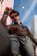 Barabas Wholesale Men's See Through Sequins V-Neck Long Sleeve Shirts 5PST01 Black