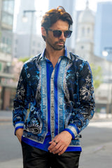 Barabas Wholesale Men's Rhinestone Floral Snake Skin Long Sleeve Shirts 3SPR408 Blue