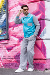 Barabas Wholesale Men's Geometric Pattern Full Zip Collared Suede Suit 4SU32 Grey Blue