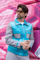 Barabas Wholesale Men's Geometric Pattern Full Zip Collared Suede Suit 4SU32 Grey Blue