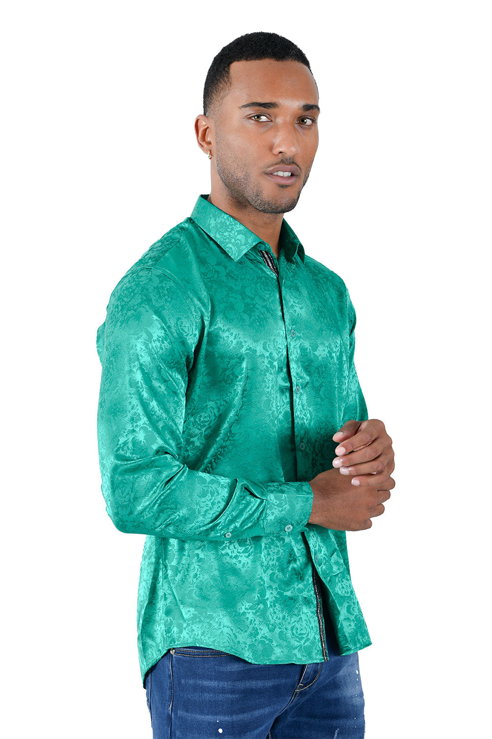 BARABAS Wholesale Men's textured floral button down dress shirts B309 Green