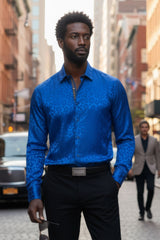 Barabas Wholesale Men textured leopard design pattern button down Shirts B310 Blue