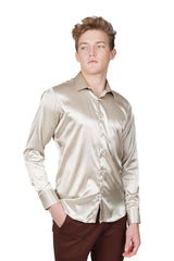 Barabas Wholesale Mens Luxury Shiny Long Sleeve Button Down Metallic Shirts B312 Beige