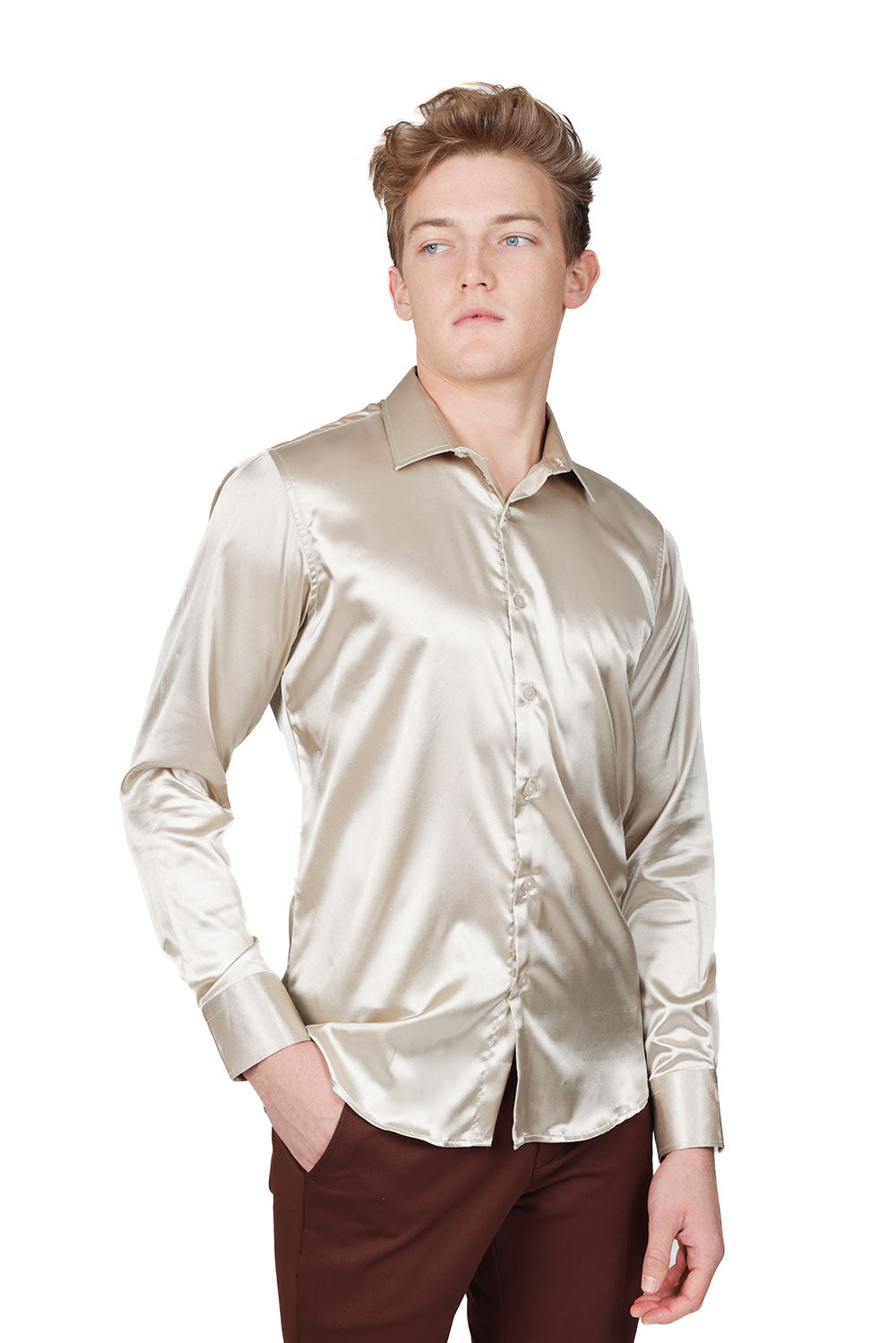 Barabas Wholesale Mens Luxury Shiny Long Sleeve Button Down Metallic Shirts B312 Beige