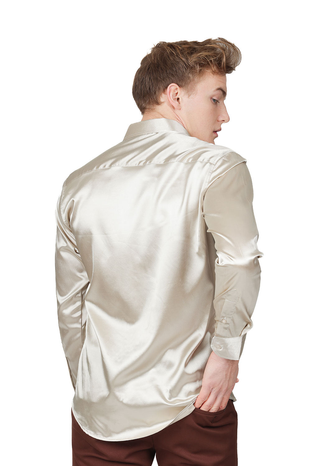 Barabas Wholesale Mens Luxury Shiny Long Sleeve Button Down Metallic Shirts B312 Beige