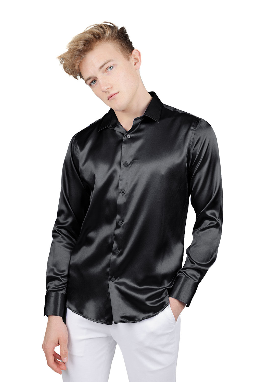 BARABAS Mens Luxury Shiny Long Sleeve Button Down Metallic Shirts B312 Black