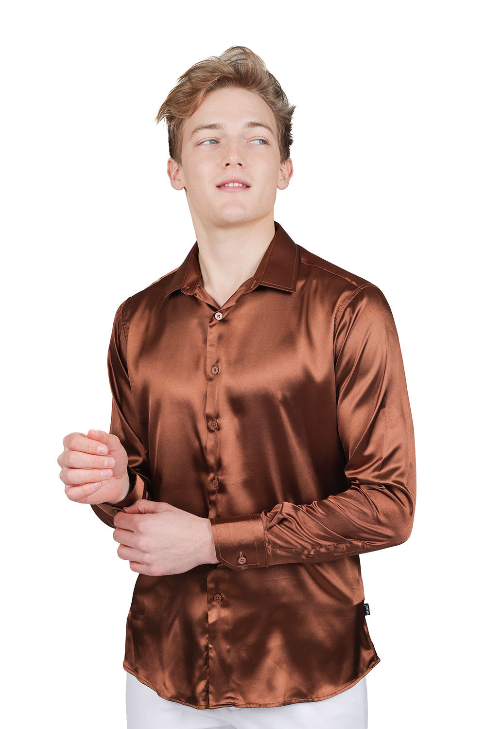 Barabas Wholesale Mens Luxury Metallic Long Sleeve Button Down Shiny shirts B312 Brown