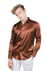 BARABAS Mens Luxury Shiny Long Sleeve Button Down Metallic Shirts B312 Brown