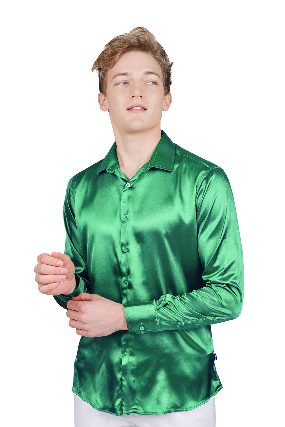 BARABAS Mens Luxury Shiny Long Sleeve Button Down Metallic Shirts B312 Emerald