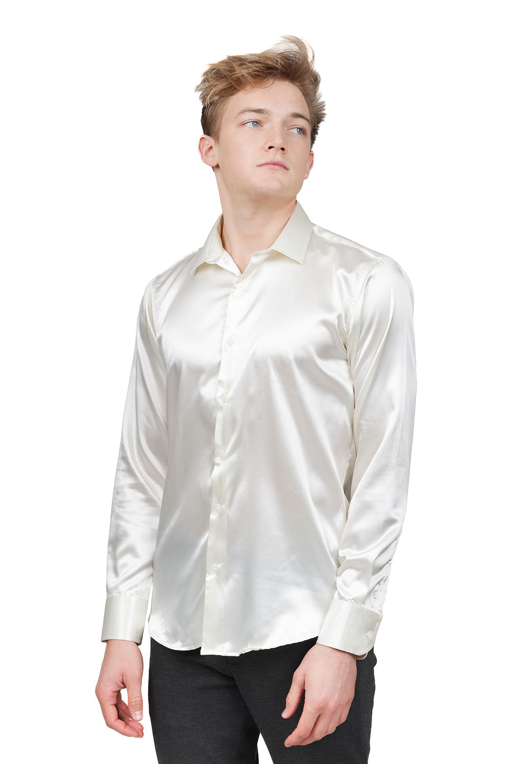 BARABAS Mens Luxury Shiny Long Sleeve Button Down Metallic Shirts B312 Pearl