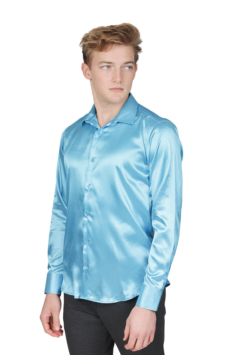 BARABAS Mens Luxury Shiny Long Sleeve Button Down Metallic Shirts B312 Sky Blue