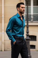 Barabas Wholesale Mens Luxury Metallic Long Sleeve Button Down Shiny shirts B312 Teal