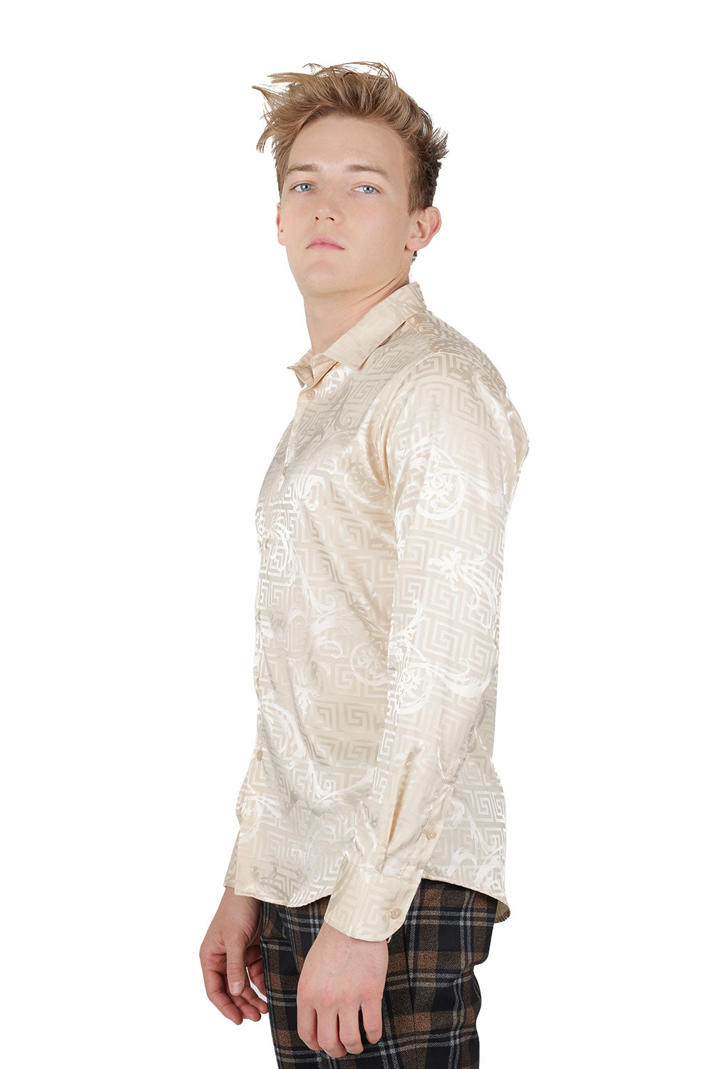 Barabas Wholesale Men's Greek Key Baroque Long Sleeve Button Down Shirt B313 Cream