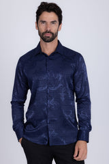 Barabas Wholesale Men's Greek Key Baroque Long Sleeve Button Down Shirt B313 Navy
