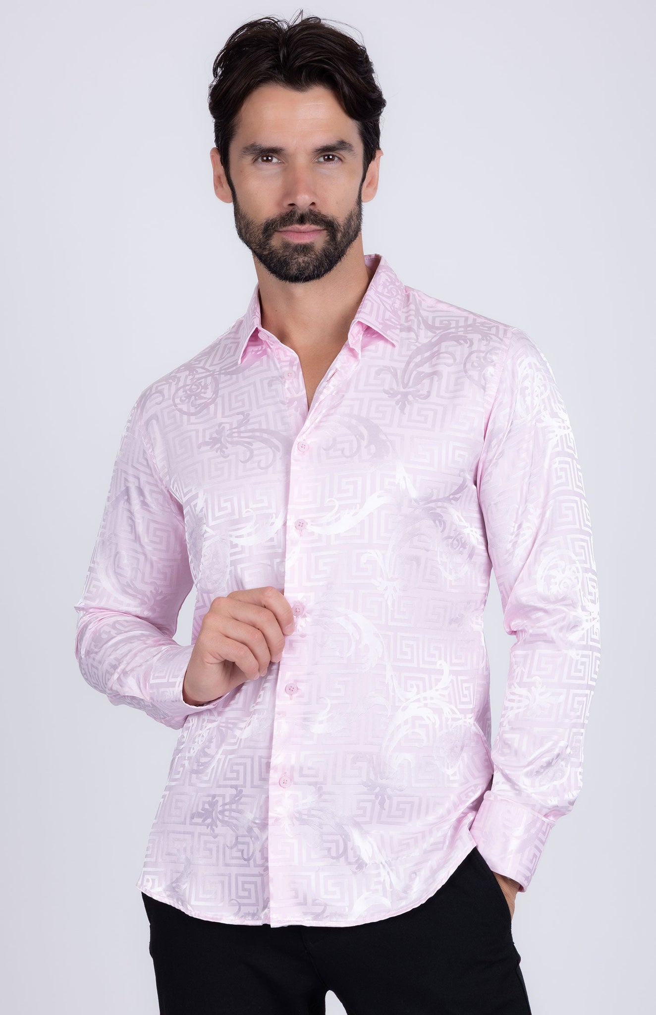 Barabas Wholesale Men's Greek Key Baroque Long Sleeve Button Down Shirt B313 Pink