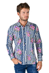 Barabas Wholesale Men's Floral Polka Dotted Pattern Button Down Shirts B351 Navy