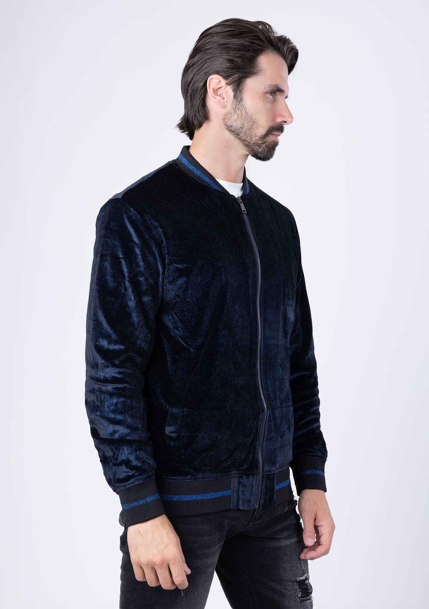 Barabas Wholesale Men's Shiny Glittery Sparkly Bomber Jacket BJ1358 Navy