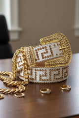 Barabas Wholesale Men's Greek Key Pattern Rhinestone Leather Belt BK818 White Gold