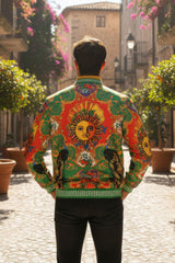 BARABAS Men's Sun Floral Print Greek key pattern Bomber Jacket BP20 Green