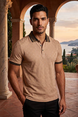Benziny Men's Greek Key Collar Pattern Polo Shirt BZ109 Khaki