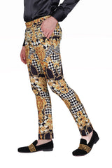 BARABAS Men's Printed Gold Chain Checkered Medusa Floral Pants CP178 Black Gold