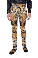 BARABAS Men's Printed Gold Chain Checkered Medusa Floral Pants CP178 Black Gold