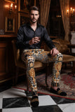 BARABAS Men's Printed Gold Chain Checkered Medusa Floral Pants CP178 Black Gold
