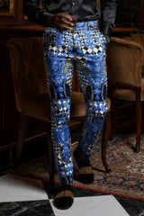 BARABAS Men's Printed Gold Chain Checkered Medusa Floral Pants CP178 Navy