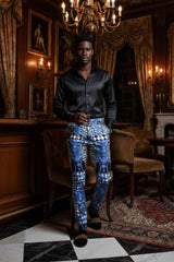BARABAS Men's Printed Gold Chain Checkered Medusa Floral Pants CP178 Navy