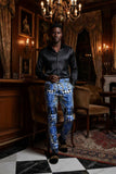 BARABAS Men's Printed Gold Chain Checkered Medusa Floral Pants CP178 Navy