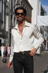 Barabas Wholesale Men's Rhinestones Floral Textured Long Sleeve Shirts 5B12 White Silver
