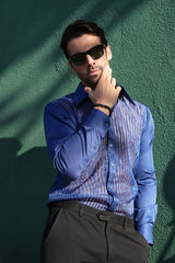 Barabas Wholesale Men's See Through Geometric Shiny Long Sleeve Shirts 5B01 Blue