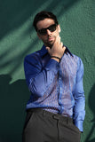 Barabas Wholesale Men's See Through Geometric Shiny Long Sleeve Shirts 5B01 Blue