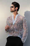 Barabas Wholesale Men's Sheer See Through Sequins Long Sleeve Shirts 5PST02 Light Blue